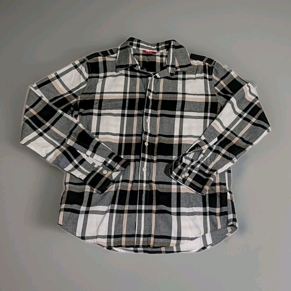 GUESS Los Angeles Plaid Flannel Button Down Shirt Small Black White Beige